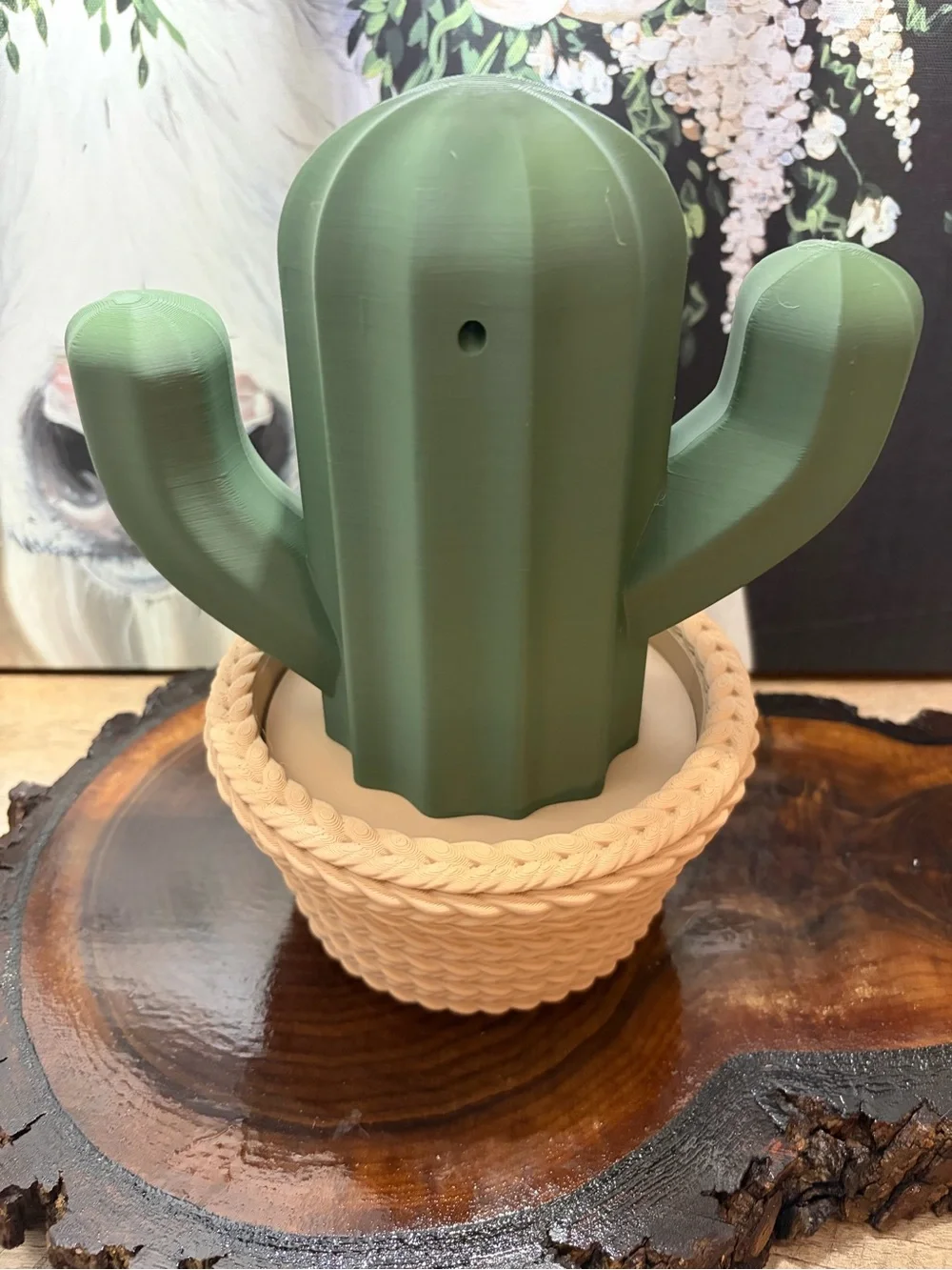 3d printed Green Cactus Planter with Tan Woven Pot MAGSAFE CHARGING DOCK